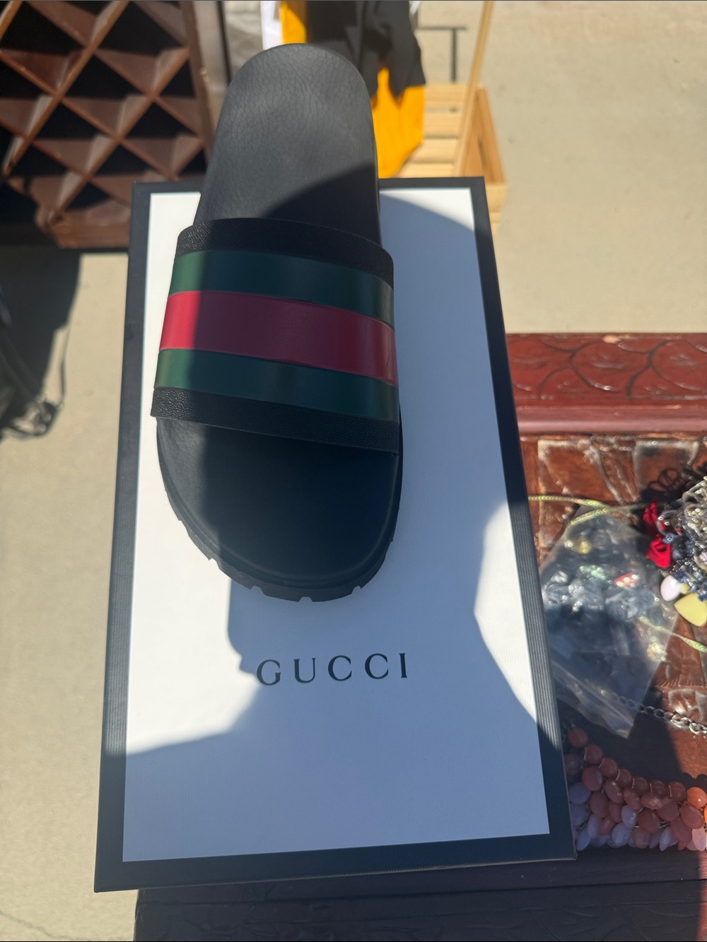 Gucci Black Slide Sandals with Green and Red Web Stripe